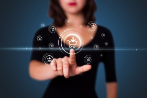 Businesswoman pressing promotion and shipping type of modern but