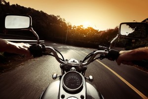 Driver riding motorcycle on an asphalt road through forest