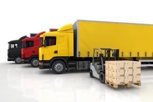 Transportation trucks in freight delivery company with forklift