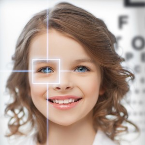 future technology, medicine and vision concept - cute girl with