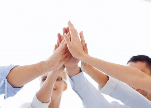 success and winning concept - happy business team giving high fi